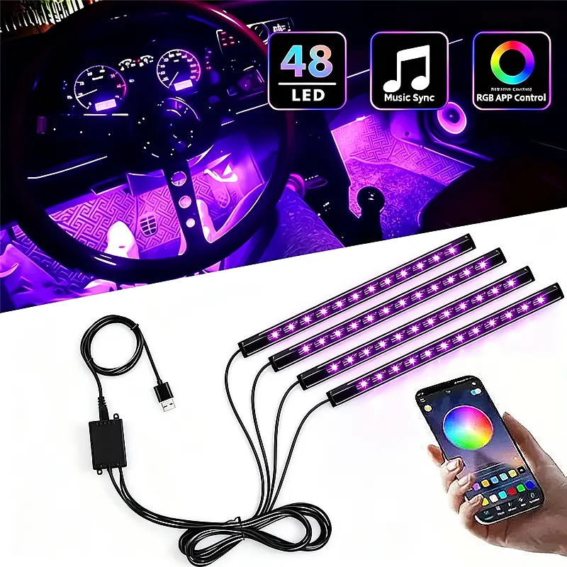 48 LED RGB Car Interior Ambient Light， Car Interior Decorative Atmosphere Light Kit - DC 5V，App Control，Music Sync，Multi Color Modes Easy-Install Cars Accessories，Vehicle Accessorie Decor LED twireless Car light