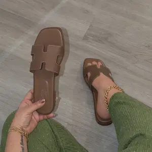 Sydney - Women's Comfort Insole Square Toe Slippers Faux Leather Slide Sandals for Everyday Wear Open Toe Summer Plain Pattern Synthetic Material