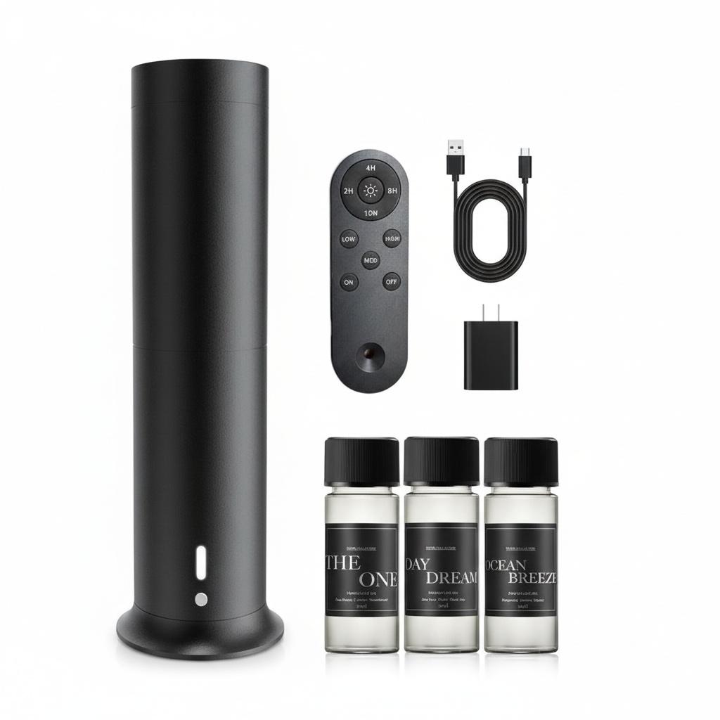 USB Powered Luxury Cold Mist Aroma Diffuser – Vertical Metal Desktop, Hotel-Scented Intelligent Machine, 1000 Sq Ft Coverage, Rechargeable Battery + Remote, 3 Scents