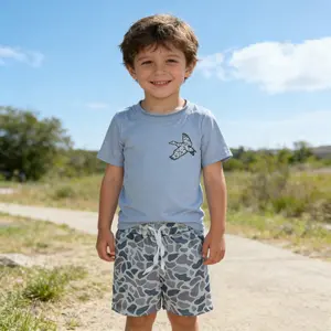 Boys' 2-Piece Polyester Old School Camo Mallard Duck Outfit - Short Sleeve Top, Elastic Waistband Shorts - Summer Hunting, Casual Outdoor Wear