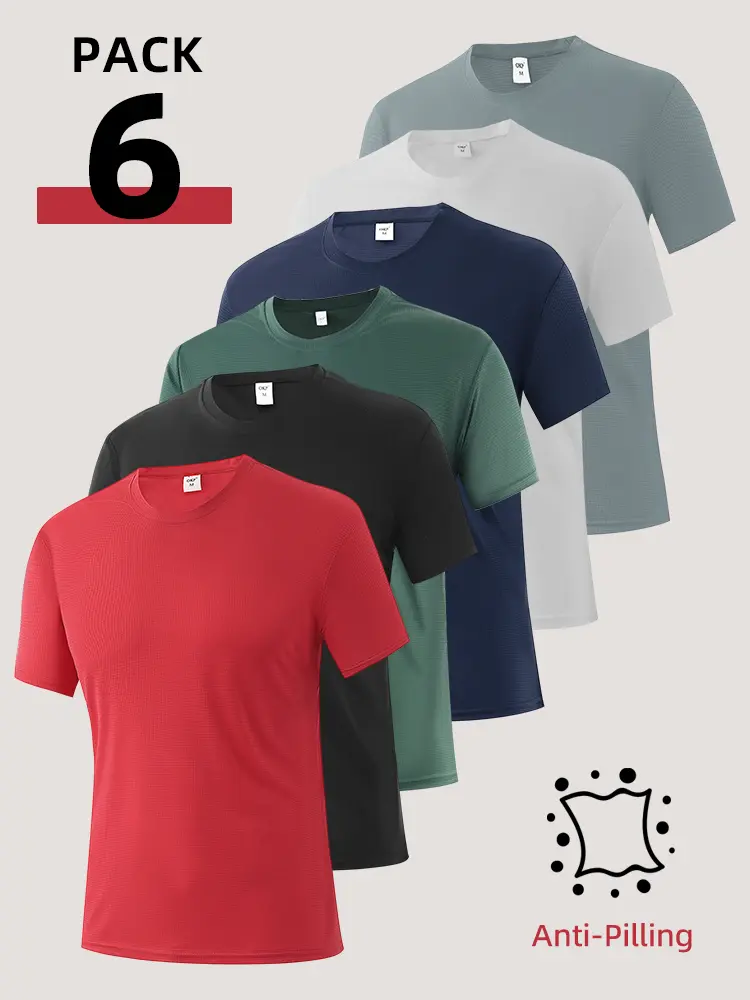 Men's T-Shirts 6-Pack, Athletic Fit Crew Neck in Quick-Dry Grid Texture Polyester for Gym & Fitness Workouts, Athletic Training Tops, Gym Activewear, Fitness Workout Shirt, Crew Neck Sportswear, Polyester Fits, Minimalist, Logo-Free