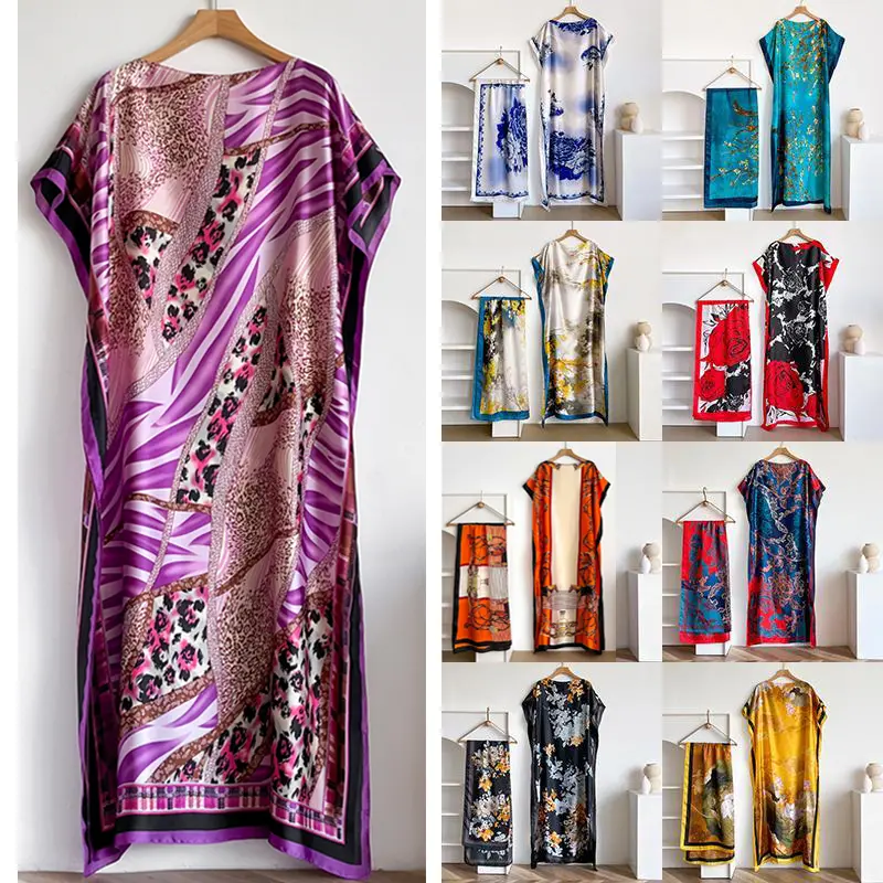 Muslim Dress, Women's Plus Size Long Kaftan Dress, Loose Fit Tummy Cover Design, Middle Eastern Style with Scarf, Floral Print Bright Colors, Opaque Fabric, Women Print Cape Shawl & Scarf Set