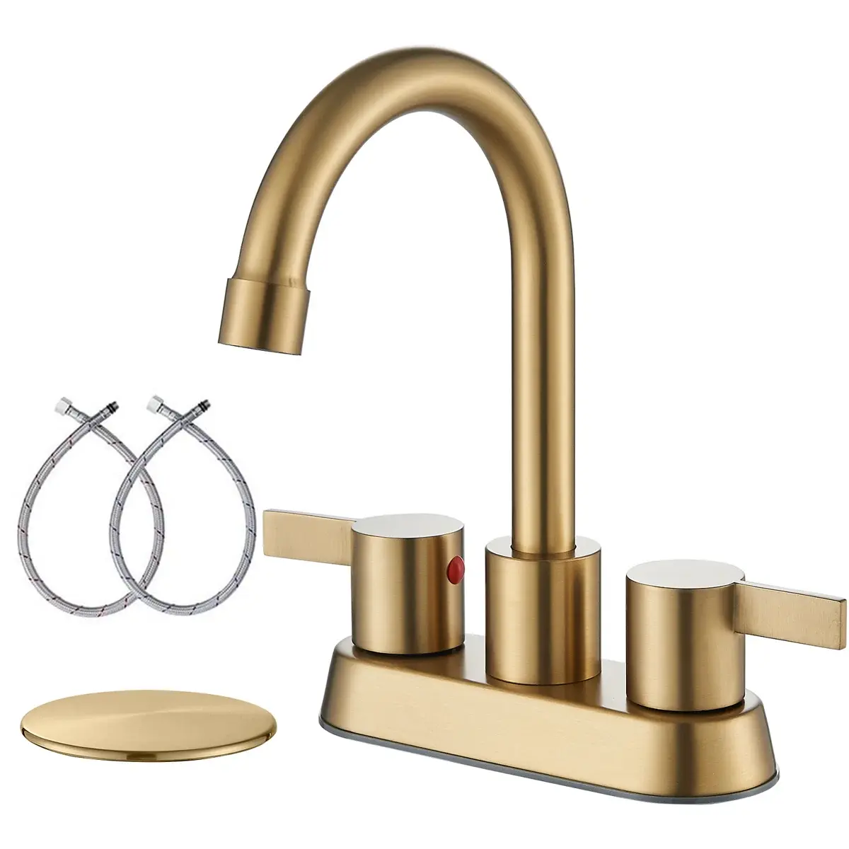 ATSHOWER Industrial Brass 4-Inch Centerset Double Handle Bathroom Sink Faucet - Matte Black, Lead-Free, 360-Swivel Spout, 2-3 Hole RV Vanity Tap with Pop-Up Drain, 15.75-Inch Hot Cold Mix Supply Lines, Modern Bathroom Sink Taps