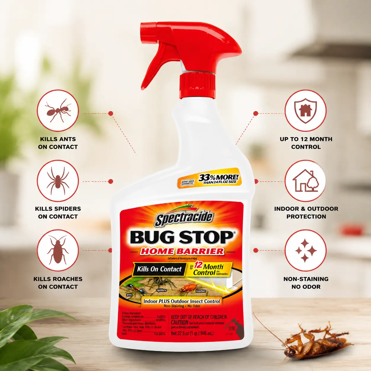 Spectracide Bug Stop Home Barrier Liquid Pest Control Spray - 32 oz Ready-To-Use Water-Based Indoor/Outdoor Solution, Kills on Contact, Long-Lasting, Odourless, No Battery Needed, No Magnets, Cockroach Control