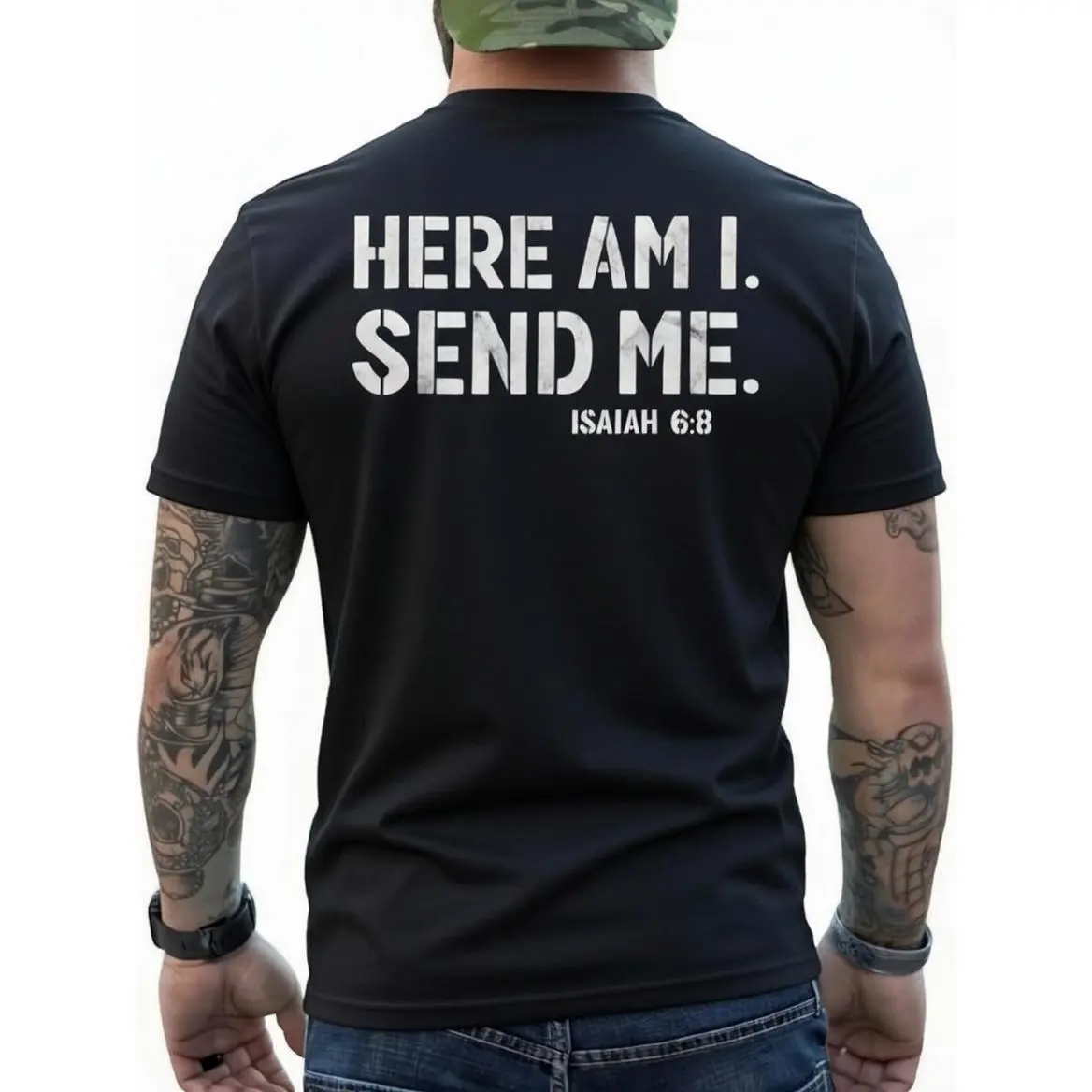 Men's Pure Cotton Oversized Retro Soft Short-Sleeve Crewneck Christian Graphic Sports Top, Isaiah 6-8 "Here Am I Send Me" Bible Verse Streetwear, Father's Day Gift for Dad, Breathable Casual Menswear Tshirt
