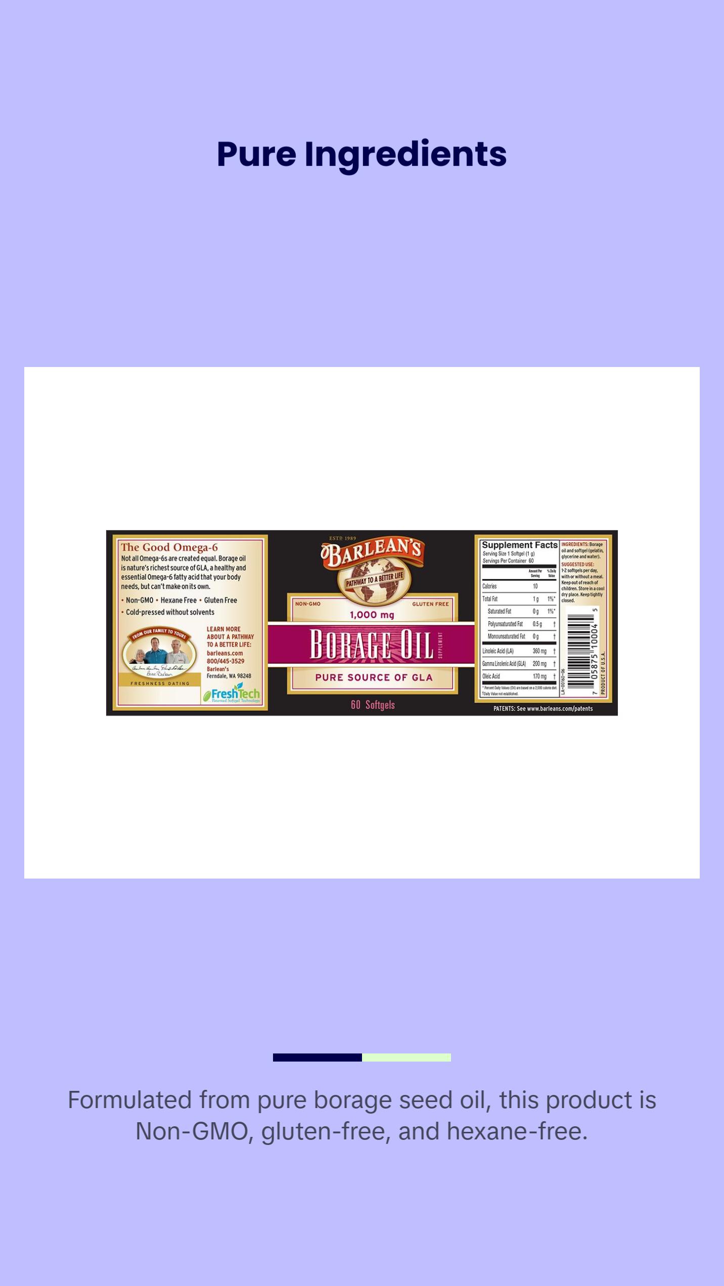 Barlean's Borage Oil Capsules, 1000mg Cold Pressed Pure Borage Seed Oil GLA Supplement Healthcare Dietary