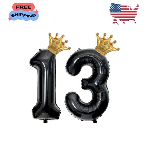 40 inch Large Black 13 Balloon Number with Gold Crown Balloons 13th Birthday