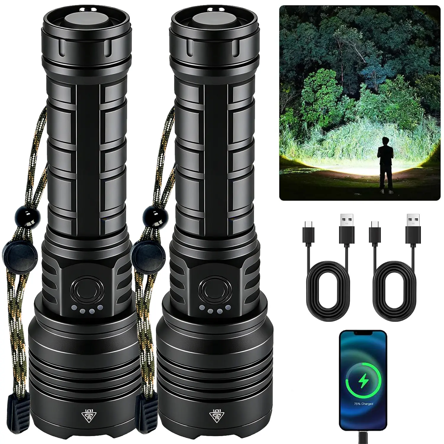 SYADOO 5000mAh Rechargeable Flashlights 2 Pack, Super Bright 10000 Lumens Flash Light, 5 Modes Zoomable Linternas with Power Indicator, Powerful Handheld LED Flashlights for Home Emergencies Camping, with Emergency Charging for Your Phone #Summervibes tik
