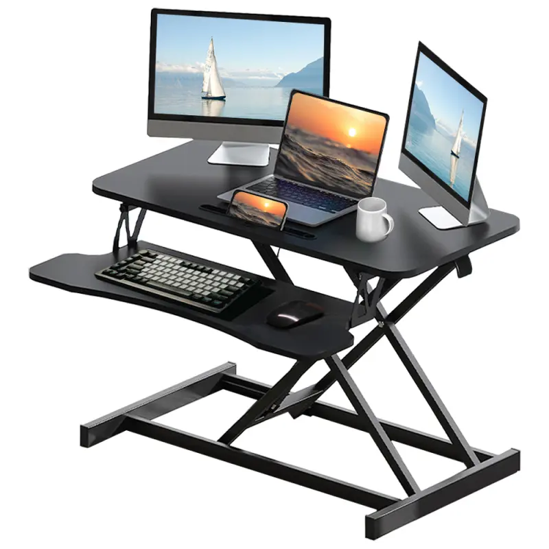 32-Inch 32" Wide Worktop Modern Metal Frame Sit-to-Stand Computer Desk Converter for Adults, Room-Saving Easy Fold-Up Height-Adjustable Riser with Wide Keyboard Tray, 30 lbs Capacity (Black)