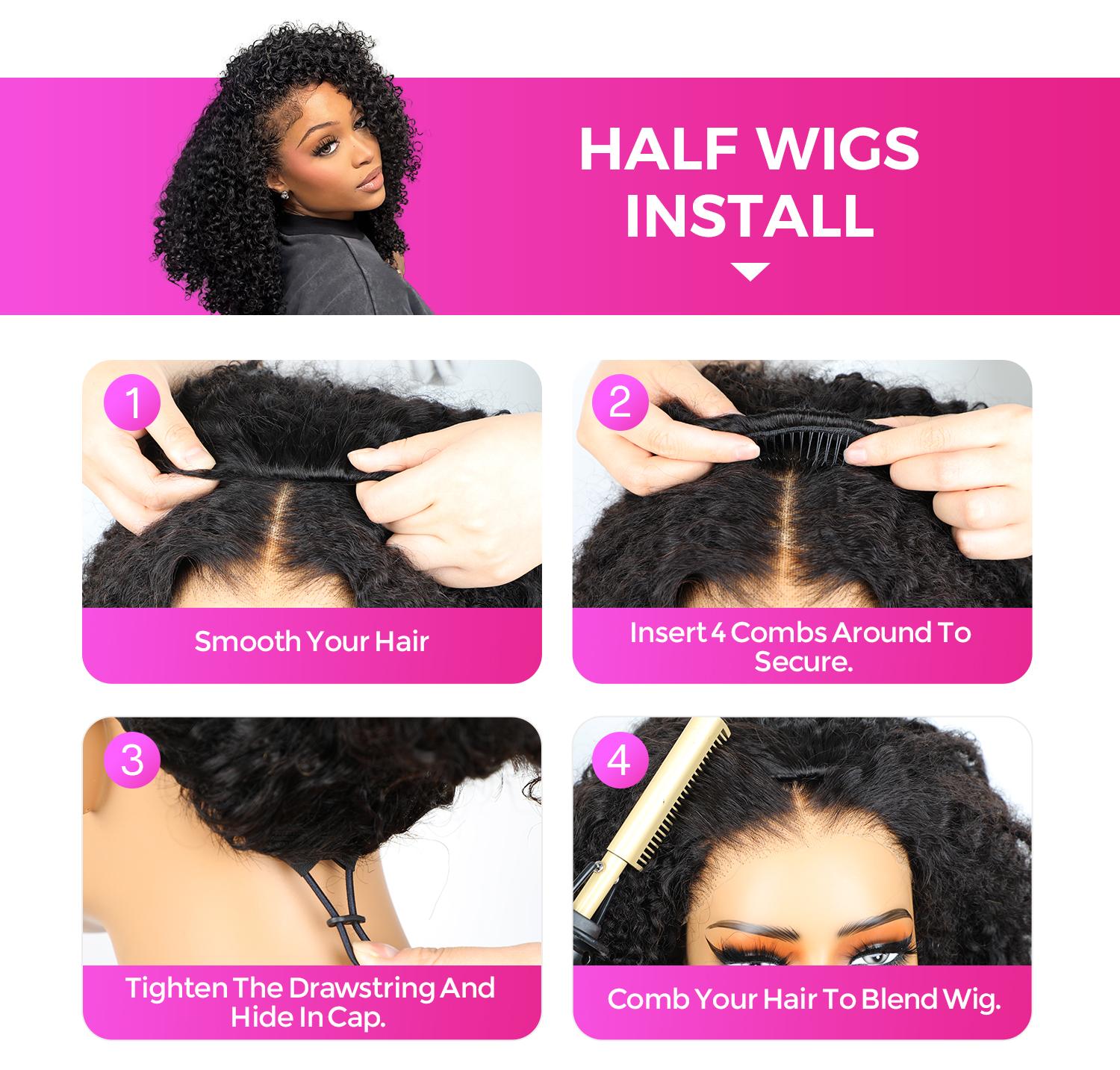 Vshow Pre Wand Curls On Kinky Straight Wigs Half Wigs With Natural Hairline And Drawstring 250% Density Glueless Half Human Hair Wigs For Women