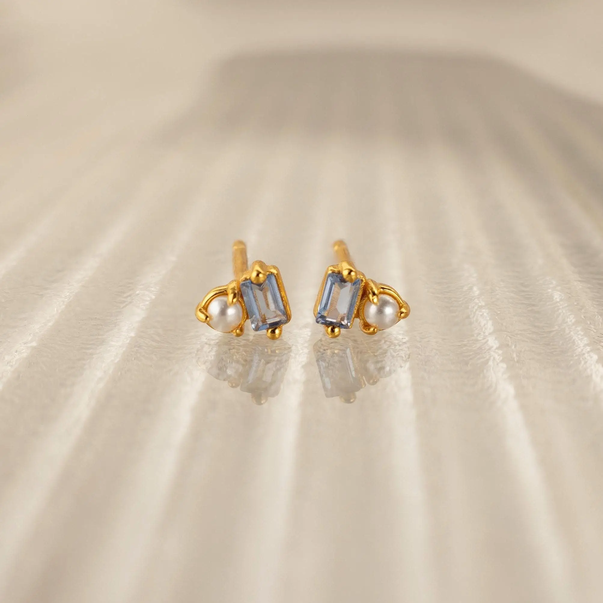 Pearl Aquamarine Studs by Caitlyn Minimalist - Dainty Light Blue Gemstone Earrings - Tiny Baguette Earrings - Wedding Jewelry Gift