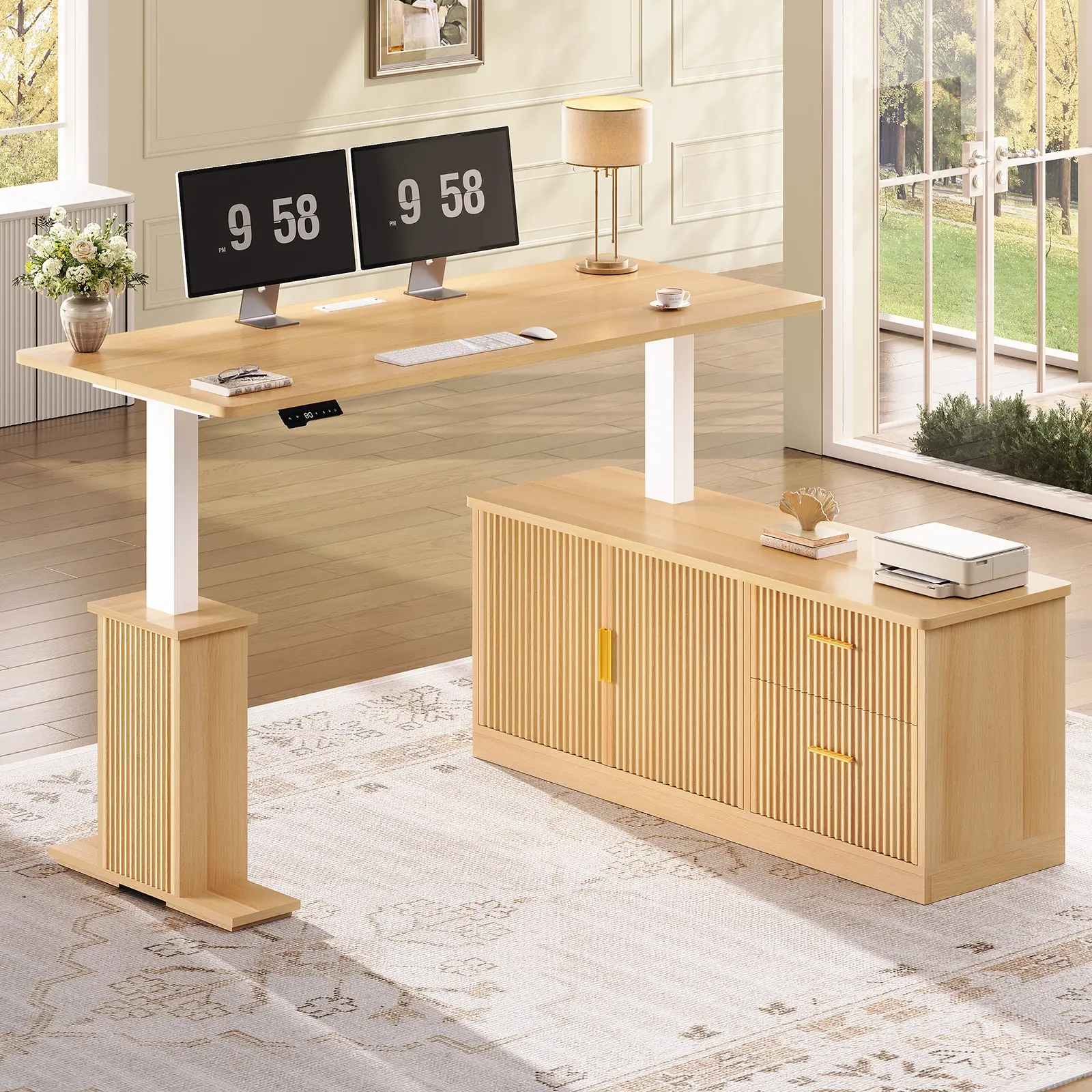 Sedeta 55-Inch L-Shaped Electric Standing Multi Functional Computer Desk, Farmhouse Executive Office Furniture for Dual Monitor Setup, WFH Setup, Office Inspo with Height-Adjustable Fluted Corner, Storage Drawers, Power Outlets