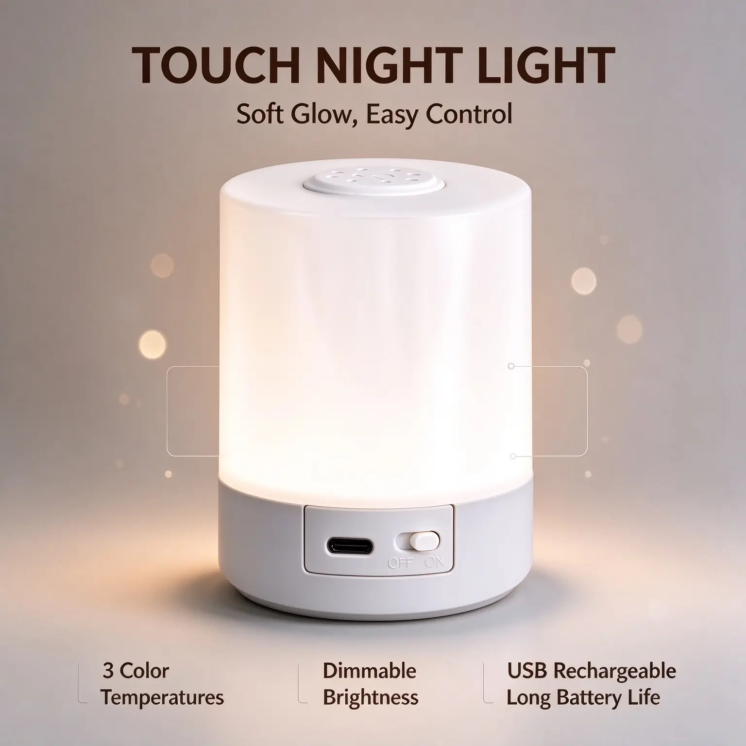 Rechargeable Touch Control Night Light, 2400mAh Portable LED Bedside Lamp, 3 Color Temperatures Dimmable Soft Eye-Caring Light for Bedroom, Nursery, Camping, Travel, Gift