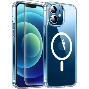 Entronix Case Clear Magnetic Case Designed for Apple iPhone 12,12 Pro with 1 Tempered Glass, Shockproof Transparent Crystal Cover Protective Wireless Automatic Cellphone