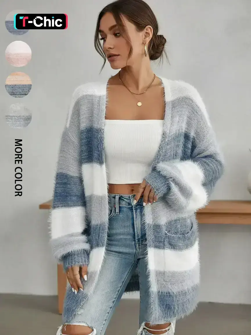 Women's Colorblock Striped Print Long Sleeve Fuzzy Lightweight Cardigan Knitting Fabric Autumn Knit, Casual Open Front Long Cardigan for Daily Wear, Ladies Clothes for All Seasons, Knit Design, Womenswear, Knitwear