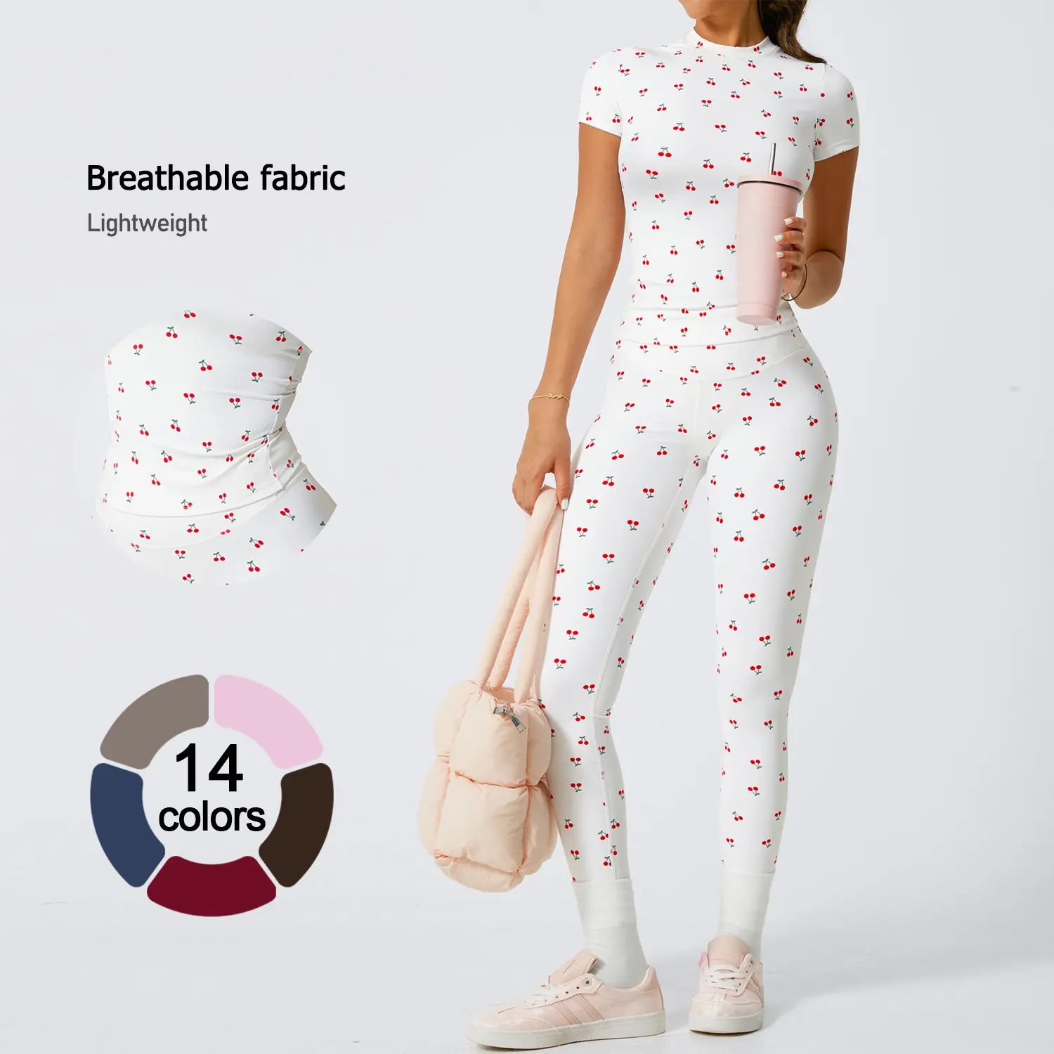 TIMEOFF Women's 2-Piece Sets Gym Workout Set - Sporty Round Neck Quick-Dry Snug Compression Cherry Print Tee, High Waisted Athletic Leggings with Extended Hemline, Breathable Sportswear for Yoga, Gym, Workout Sets For Women