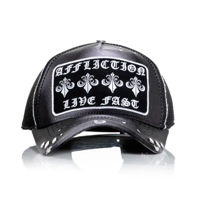 Affliction Men's A26970-BKPS Life Trucker Hat - Men's Snapback Hats with Adjustable Black Snapback, Black Twill Front Panels, 5-Panel Cotton Twill & Mesh, Distressed Brim, Screen Printed Under Brim