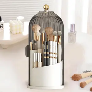 Makeup brush holder with lid, cosmetic tool storage box, 360-degree rotating waterproof and dustproof makeup brush storage cabinet, gray.