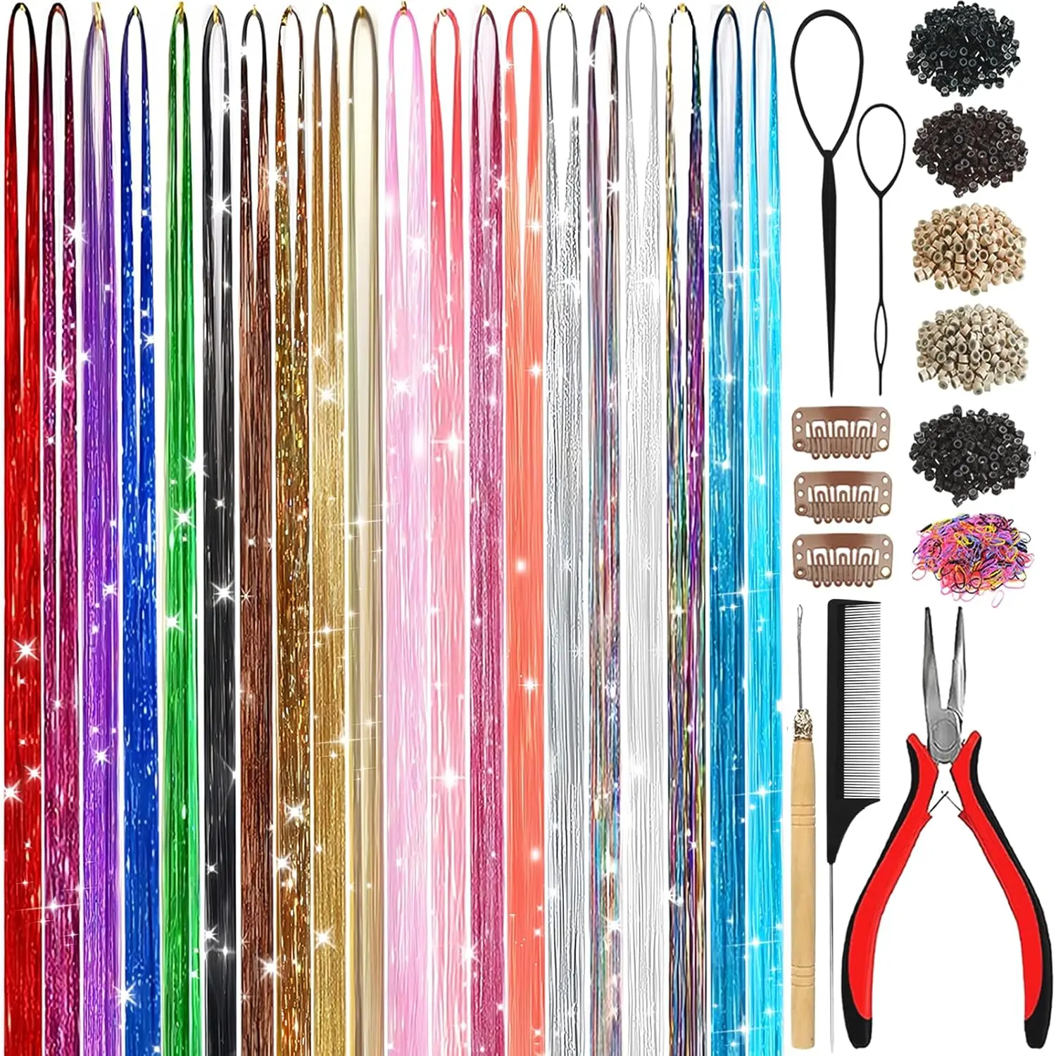 Hair Tinsel Kit for Girls 8600 Strands Fairy Tinsel Hair Extensions Holographic Hair Tinsel Heat Resistant Colored Hair Glitter Christmas Party Festival
