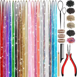 Hair Tinsel Kit for Girls 8600 Strands Fairy Tinsel Hair Extensions Holographic Hair Tinsel Heat Resistant Colored Hair Glitter Christmas Party Festival