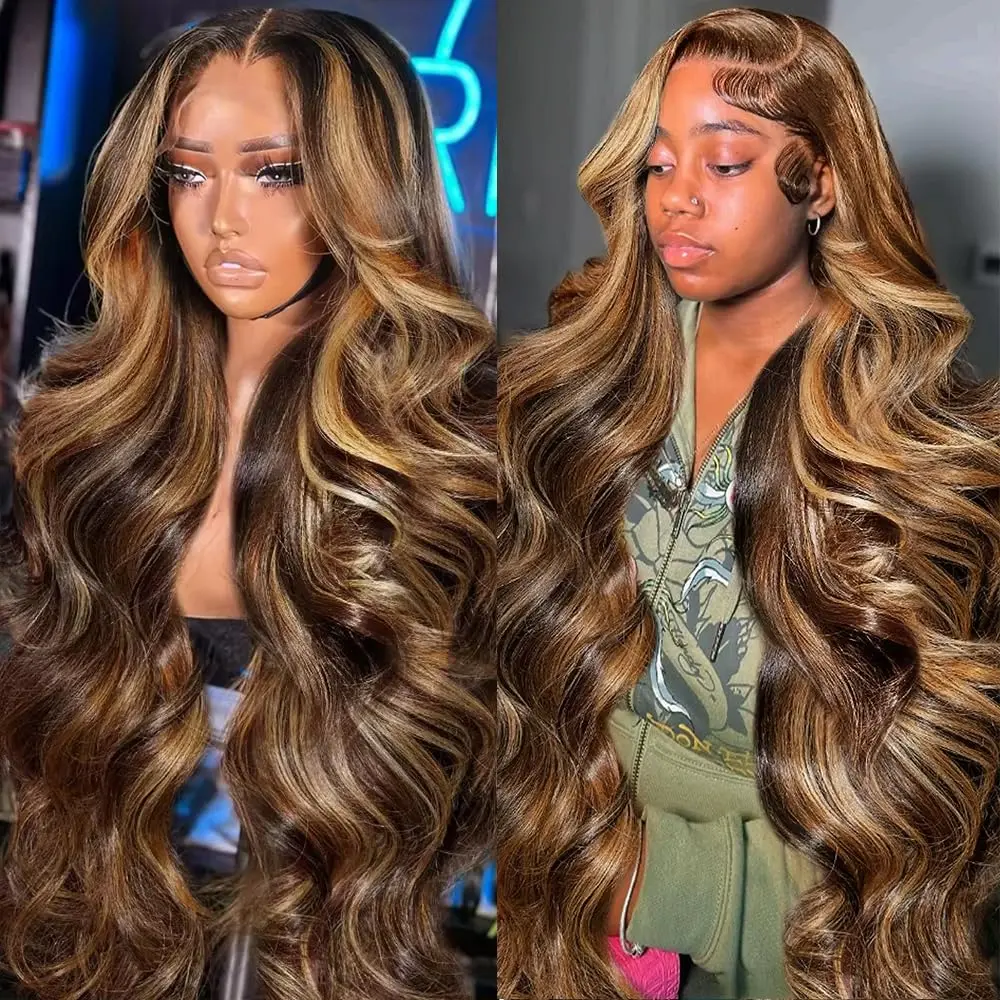 [Super Deal] Anyweek Honey Blonde Ombre Lace Front Wig Human Hair Highlight Body Wave 13x6 Lace Front Wigs Pre Plucked 180 Density Glueless HD Lace Frontal Wig for Women 4/27 Colored