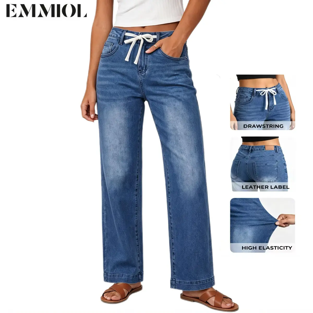 EMMIOL【Back to School】Wide Leg Jeans for Women High Waist Denim Pants Casual Bottoms | Drawstring Elastic Waist, Stretch Denim, Functional Pockets, Loose Fit, Fall Winter, Back To School New Arrival