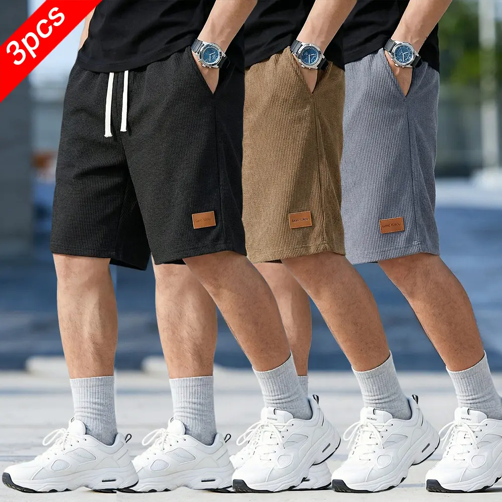 3-pack Men’s Summer Waffle-Knit Casual Cropped Leather Shorts — Loose Fit, Drawstring, Black, for Daily Commuting