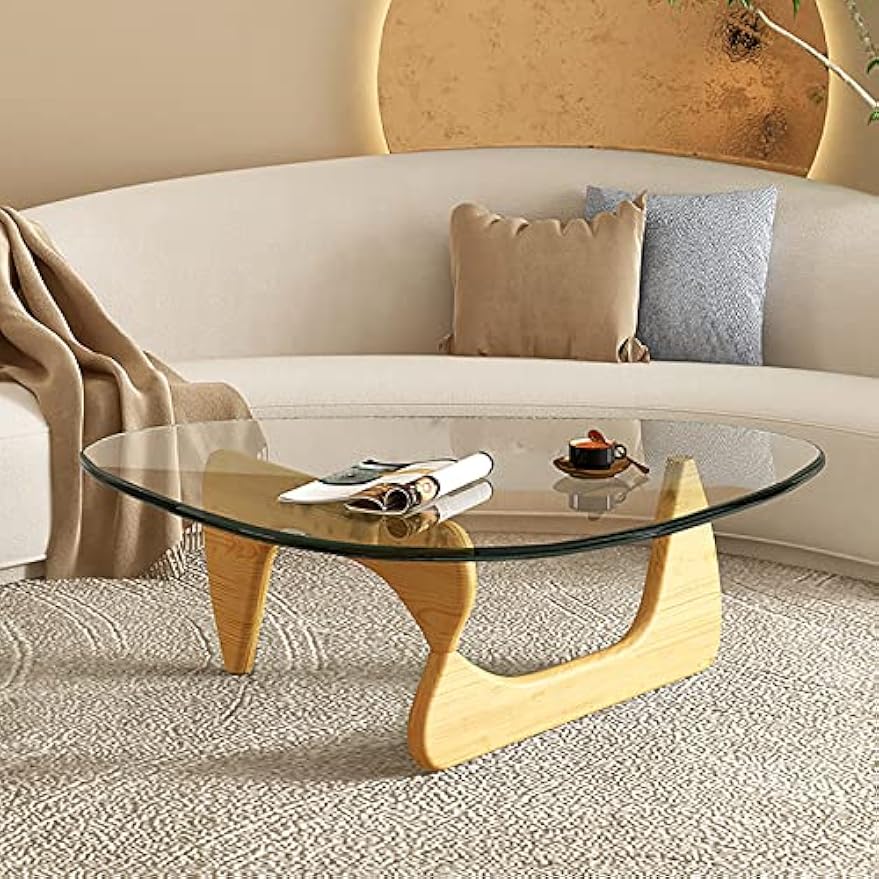 Mid-Century Modern Triangle Coffee Table - Walnut Solid Wood Pedestal, Transparent Glass Top, 36x25.6x16 in Low-Profile Minimalist Tea Table for Living Room Home Decor