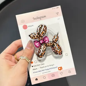 Cute Leopard Balloon Dog Coquette Bow Phone Grip, Trendy Animal Print Magsafe Magnetic Kickstand Holder, Girly Aesthetic Gift For Dog Lovers
