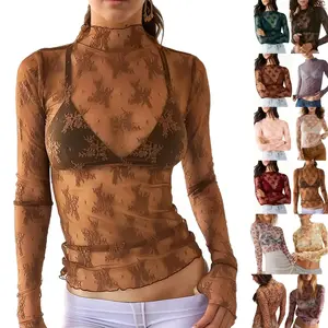 Woodberry Women's Chic Fitted Elegant Long-Sleeve Lace Mesh Blouse - Lady's Mock Neck Top with Cowl Neckline, Floral Embroidery & Sheer Mesh Layering Design summerwins