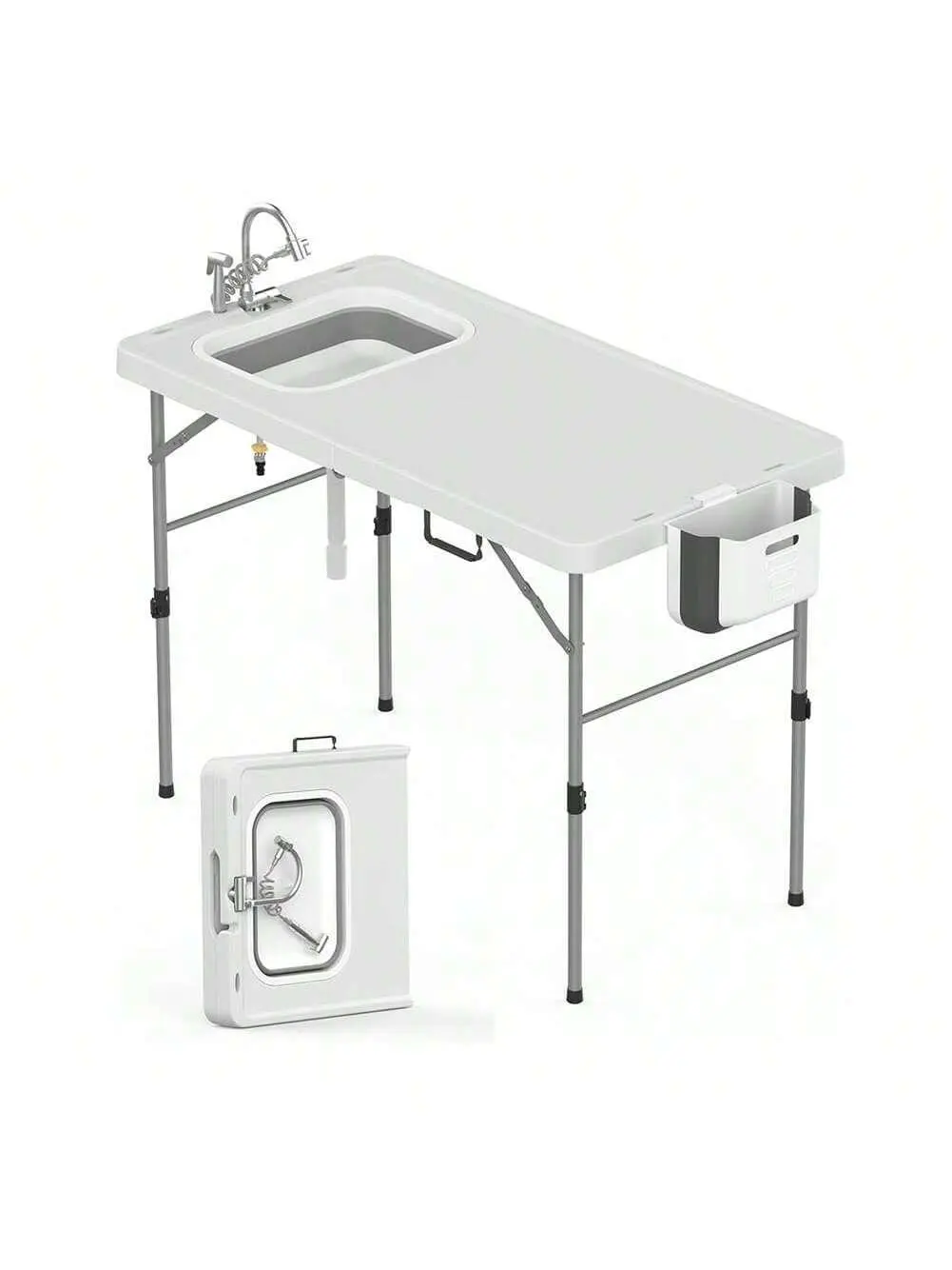 Foldable Fish Cleaning Table, Portable Camping Table With Sink & Fish Cleaning Kit, Folding Fillet Cleaning Station With Faucet & Sprayer For Camping, Patio, Kitchen, Beach, Dock & Patio