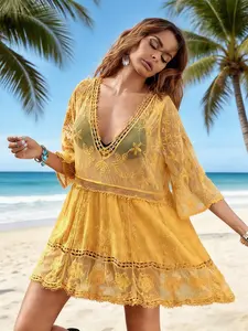 Women's fashionable solid-color beach set, sexy lace loose-fitting resort swimsuit dress with bikini top, comfortable fabric, the best choice for vacation.