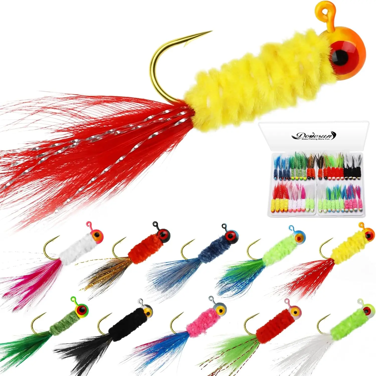 Crappie Jigs, Jig Heads with Feather Hand-Tied Marabou Jigs Ice| Fly Fishing Lures 1/32oz 1/16oz 1/8oz Fishing Hair Jigs for Panfish Sunfish Walleye 40pcs,camping essentials