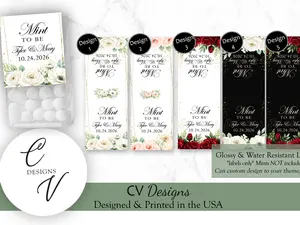 CV Designs Wedding Mint Labels Favor Sticker Labels 50pcs or 100pcs Modern Glossy Water-Resistant Personalized Party Favors