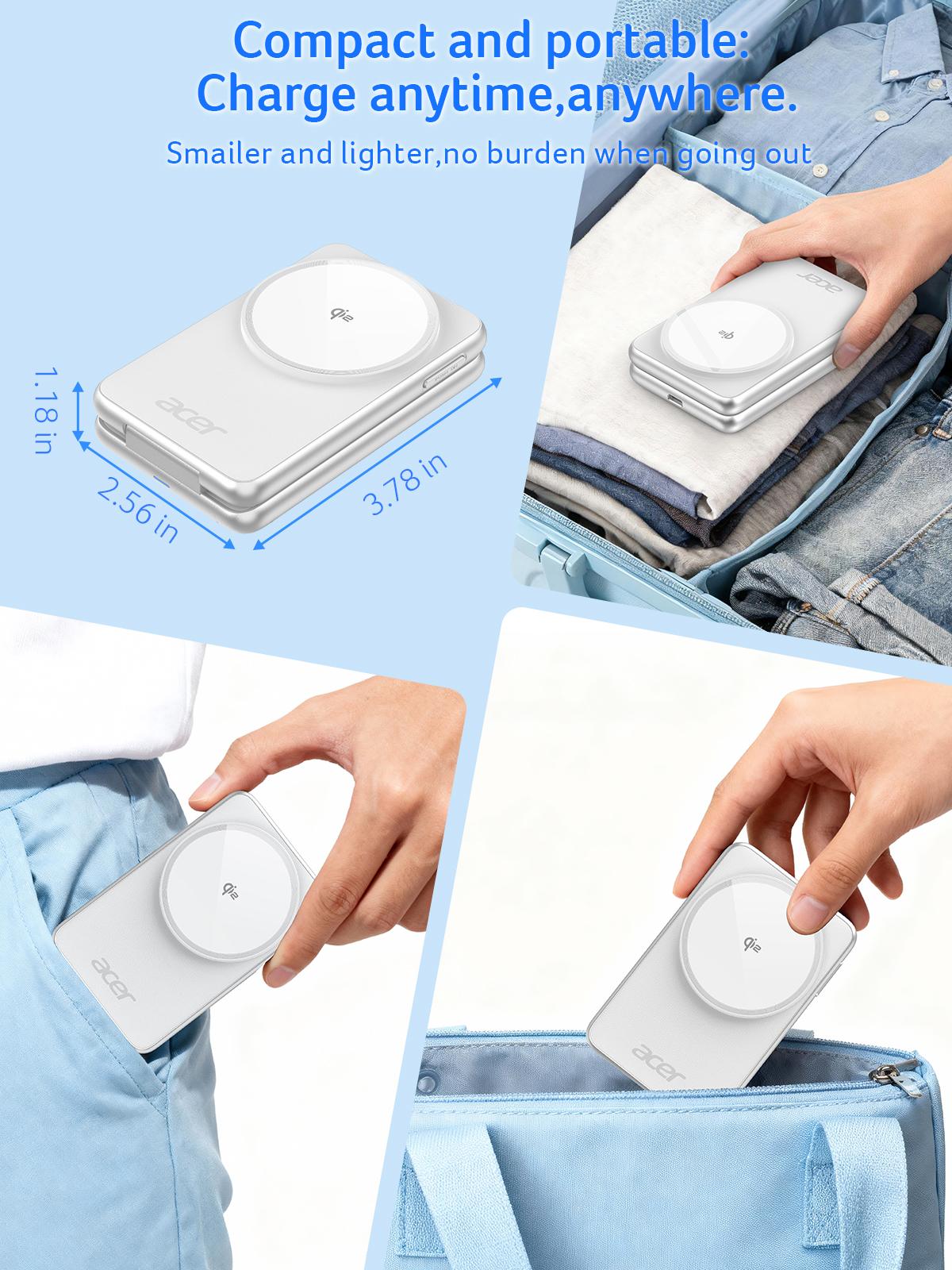 Acer 3 in 1 Wireless Charging Station, MagSafe Charger Stand Compatible, Qi2 15W Certified Palm-Sized Foldable Charger for iPhone 17/16, Apple Watch, AirPods (Non-Battery, Adapter Included)