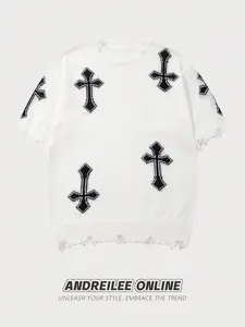 Spring/Summer Unisex Streetwear Casual Cropped Drop-Shoulder Short-Sleeve Knit Top with Diamond Jacquard and Raw Hem — Niche Sweater