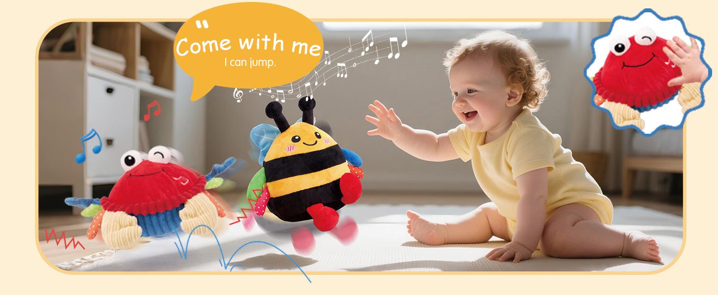 Hahaland Musical Interactive Dancing Crab/Bee/Football Plush Toy - 48 Songs & Repeat What You Say- Walking Moving Bouncing Crawling Toddler Toy 1-3 Baby Toy Infant Tummy Time Toy 0-3-6-12-18 Months Birthday Easter Basket Stuffers  Gifts for Kids
