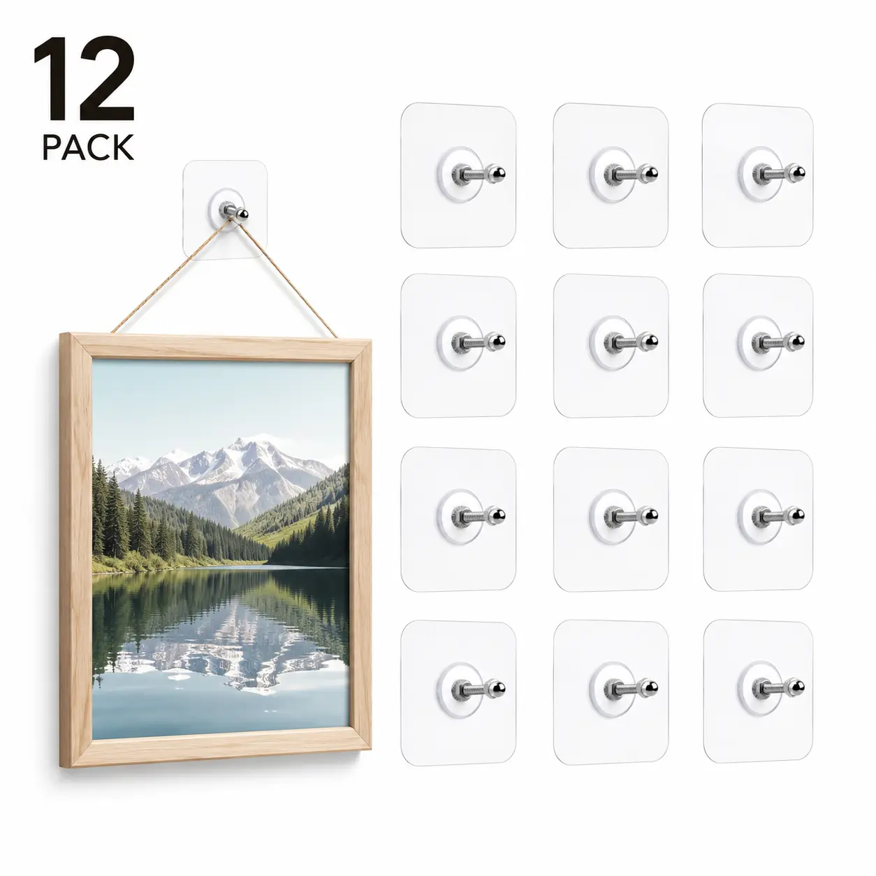 12-Pack Heavy-Duty No-Nail Smooth Wall Picture Hangers, 20 lbs Load Adhesive Transparent Waterproof Hooks for Decor, Quick Installation Organiser (Tools & Hardware, Bathroom, Kitchen Frame Hanging)