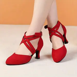 Women's Dance Shoe, Latin Sha Cha Cha Ballroom, Indoor Fabric Cross Belt, Low Heel, Comfortable Fit, Multiple Colors