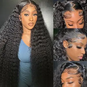 GNVO Deep Wave Lace Front Wigs Human Hair 180 Density 13x4 HD Transparent Frontal Wigs Human Hair for Women Deep Curly Glueless Wigs Human hair Pre Plucked with Baby Hair Natural Black