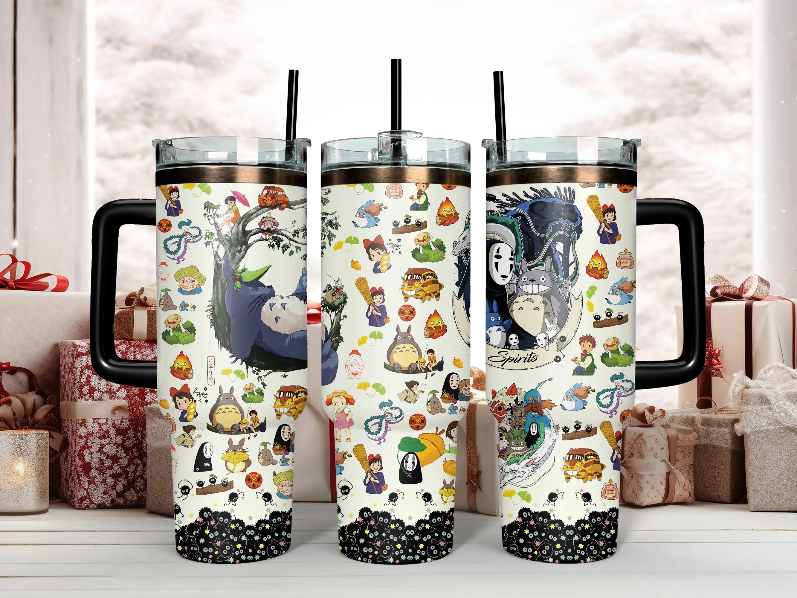 Studio Ghibli Insulated Stainless Steel Water Bottles & Drinkware Set - 40oz Tumbler Mug with Handle, 2-in-1 Lid, 20oz Skinny Curved Tumbler with Straw, BPA-Free Reusable Fan Gift (Totoro/No Face/Calcifer)