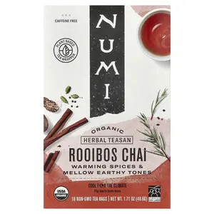 Numi Tea Organic Herbal Teasan, Rooibos Chai, Caffeine Free, 18 Non-GMO Tea Bags, 1.71 oz (48.6 g)