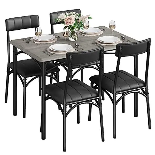 5-Piece Dining Table Set for 4, Rectangular Dining Room Table & 4 Upholstered Chairs, Small Space Kitchen Table, Easy Assembly, for Apartment, Home, Studio (Gray)
