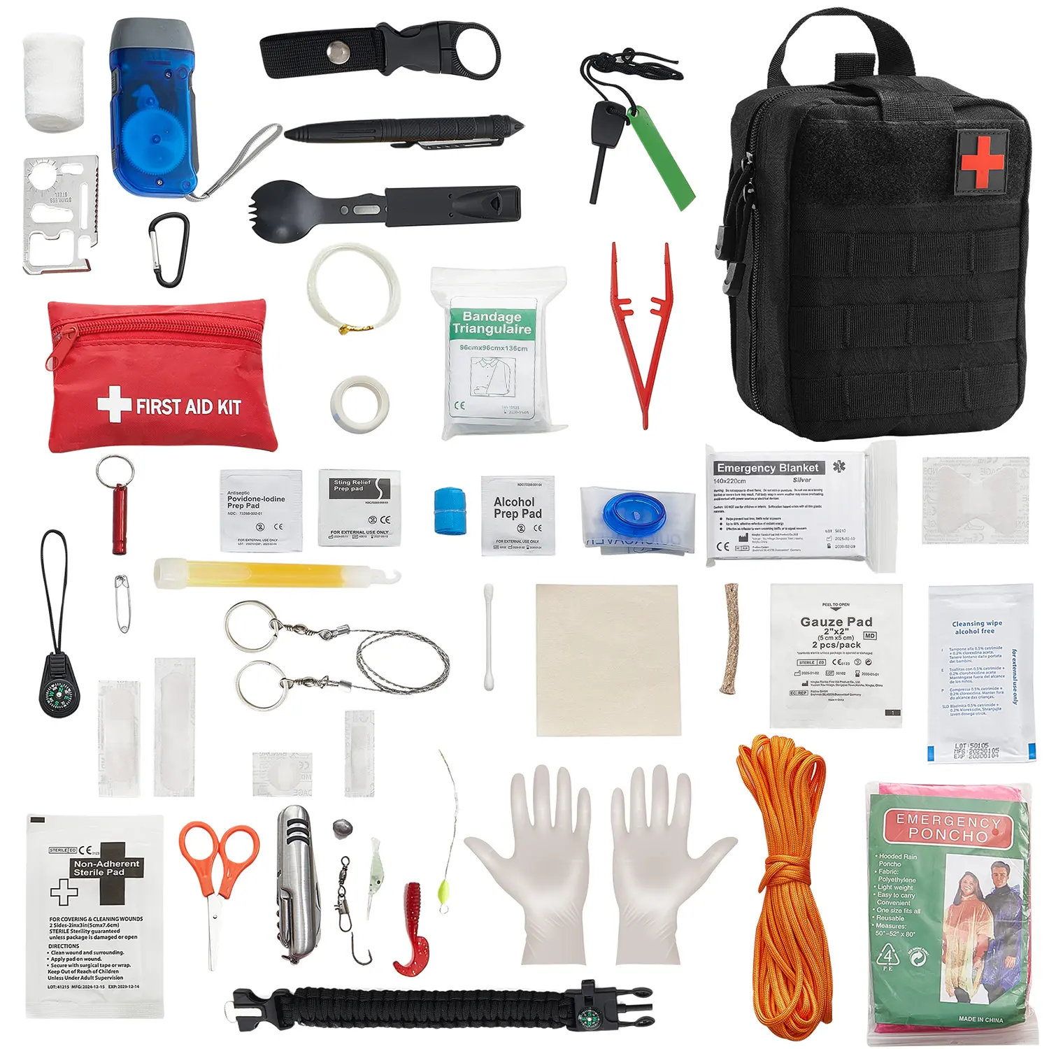 VEVOR 250-Piece High-Strength 600D Nylon Emergency Survival Kit Supplies, FDA Standards 72-Hour Compact Outdoor First Aid Bag with Cut Supplies, Flashlight, Easy-to-Store Bug Out Travel Safety Kit for Hiking, Bug Out Bag