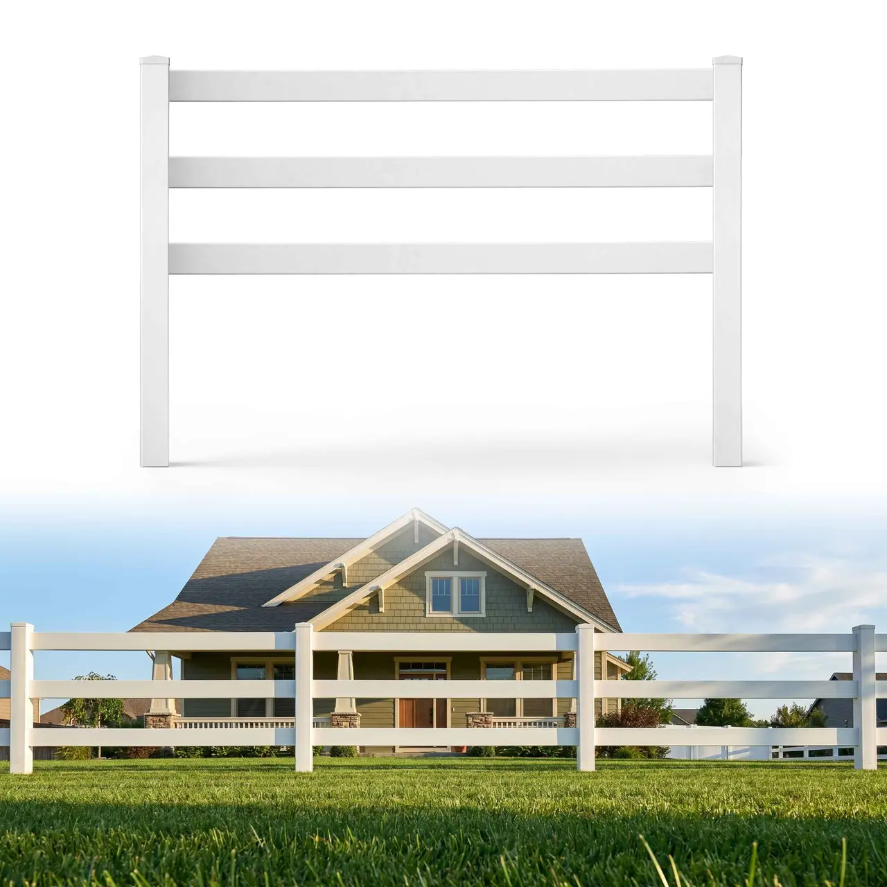 Fencer Wire 3-Rail Vinyl Ranch Fence Kit, 4ft H x 200ft W, White PVC Fence System with 6ft Posts & 8ft Rails, UV-Resistant, Easy Installation, Durable Outdoor Fencing for Ranch, Yard & Farm