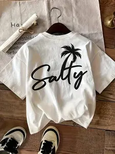SHEIN LUNE Women's Salty Beachy Top: Cute Vacation Tee With Palm Tree Graphic For Summer
