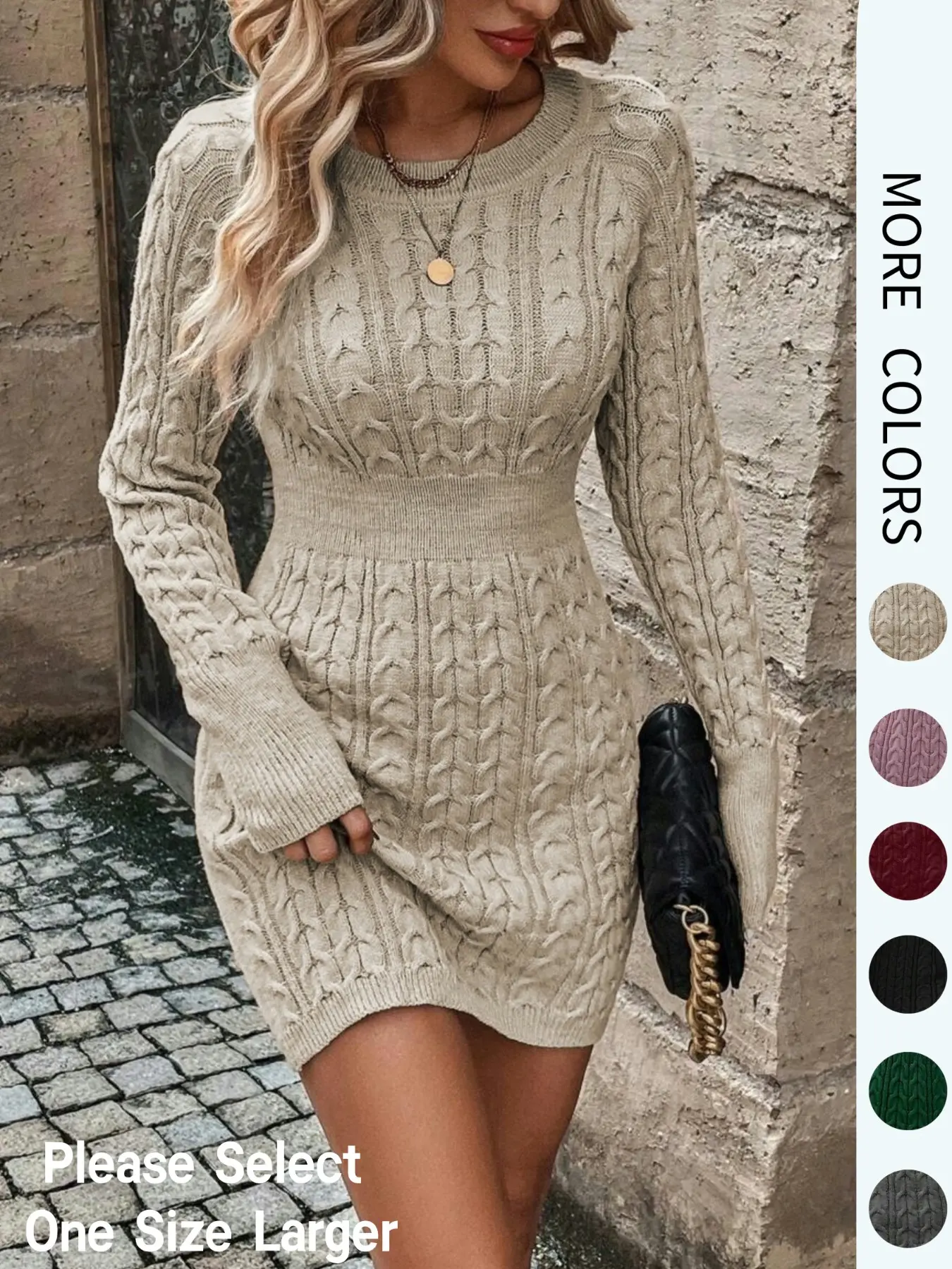 Women's Plain Round Neck Cable-Knit Bodycon Sweater Dress, Womenswear Elegant Fashion Casual Long Sleeve Jumper Dress for Everyday Wear, Women's Knitwear for Fall & Winter, Casual Elegance Chic