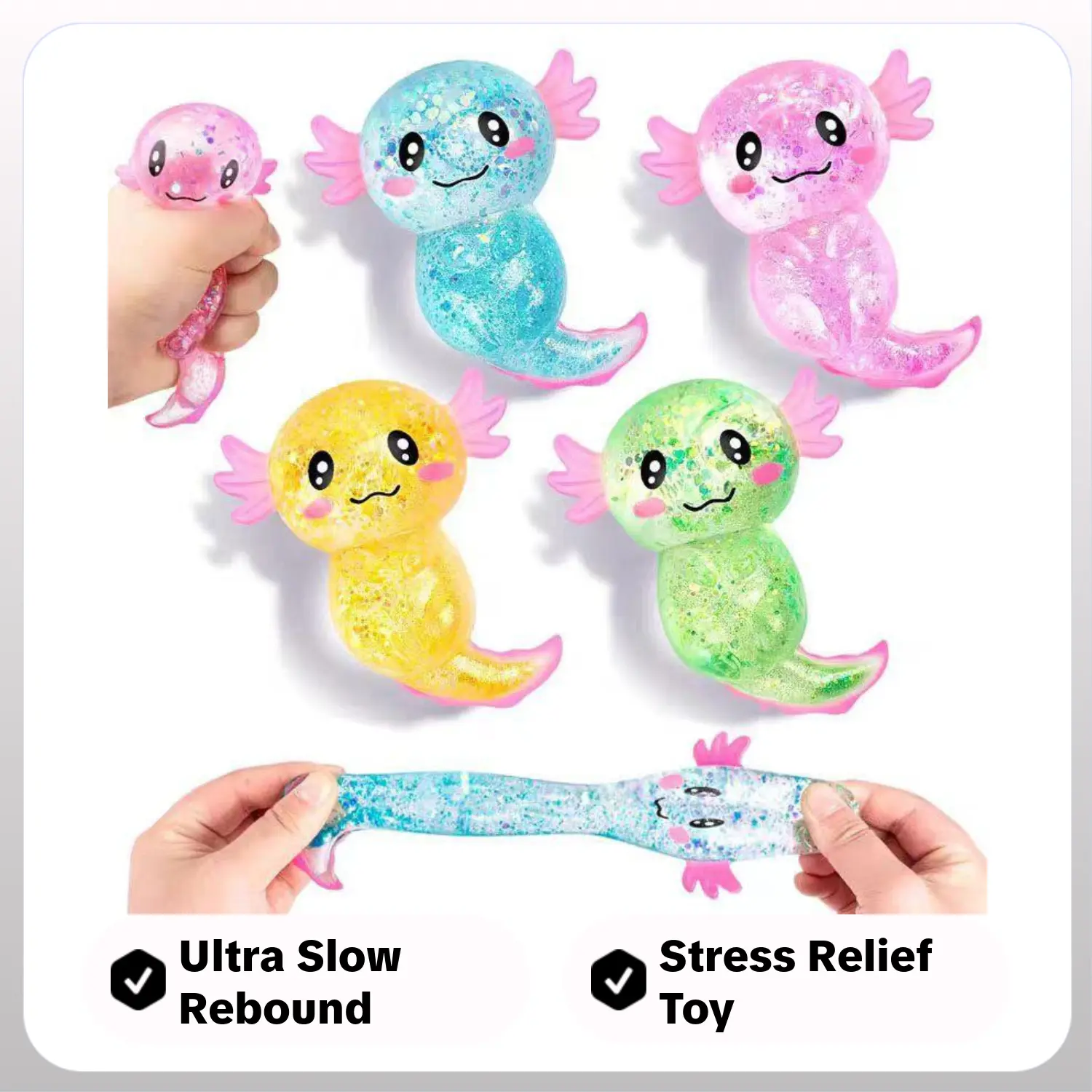 4-Pack Non-Toxic Glitter Sequin Salamander Marshmallow Squishy Stress Ball Set, Ultra Slow-Rising Decompression Toys, Soft Chewy Malt Texture Fidget Toys, Oddly Satisfying Unisex Gift for 4+ Years Kids, Glitter Stress Balls