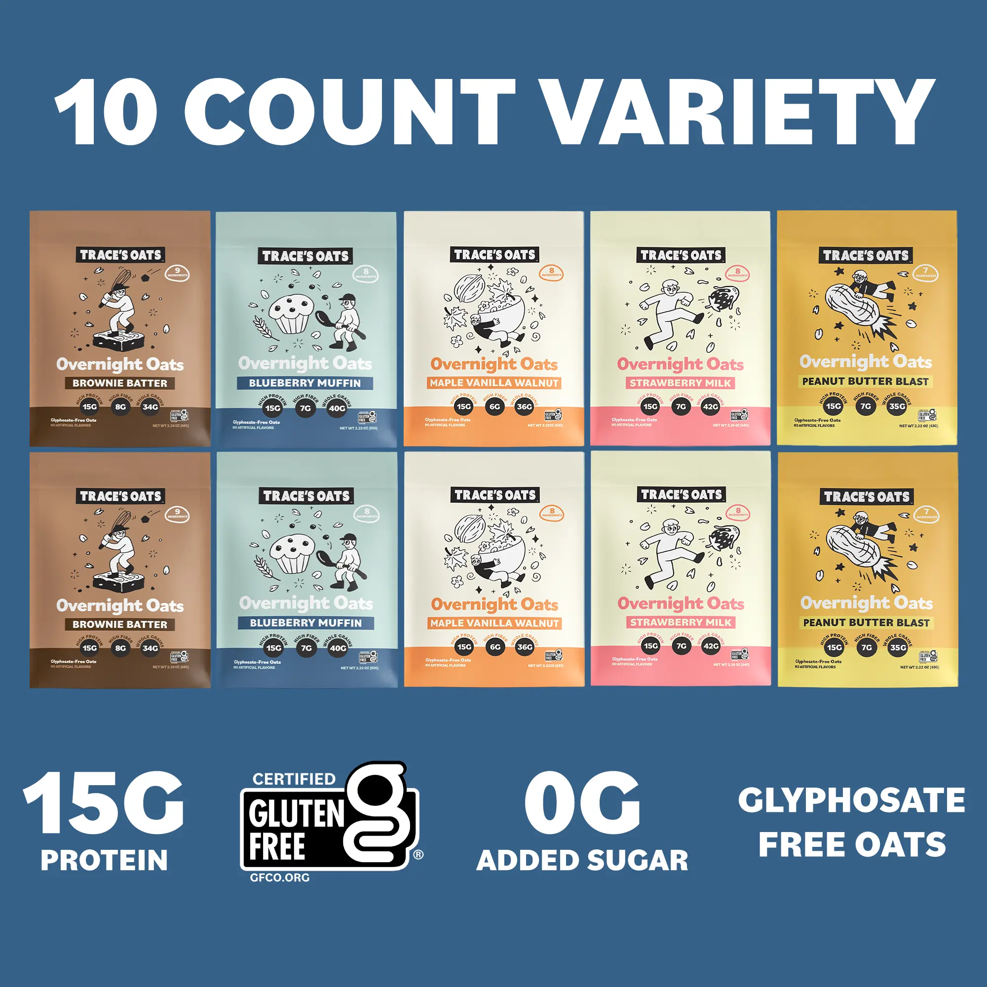 Trace's Oats Overnight Oats Variety Pack - 10-Pack, 5 Flavors (Peanut, Vanilla, Strawberry, Walnut, Fruit), 15g Protein, 0g Added Sugar (Sugar Free), Gluten-Free Granola Oatmeal, Fiber Foods, Beet Root Powder, High-Protein Breakfast Pantry Food