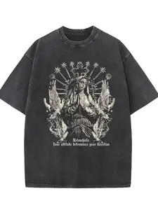 Men's Heavyweight 230gsm Cotton T-Shirt - Dark Grey Religious Verse Graphic Tee, Vintage Washed Streetwear Essential, Loose Fit Short Sleeve Shirt for Gym, Travel & Casual Wear, Machine Washable